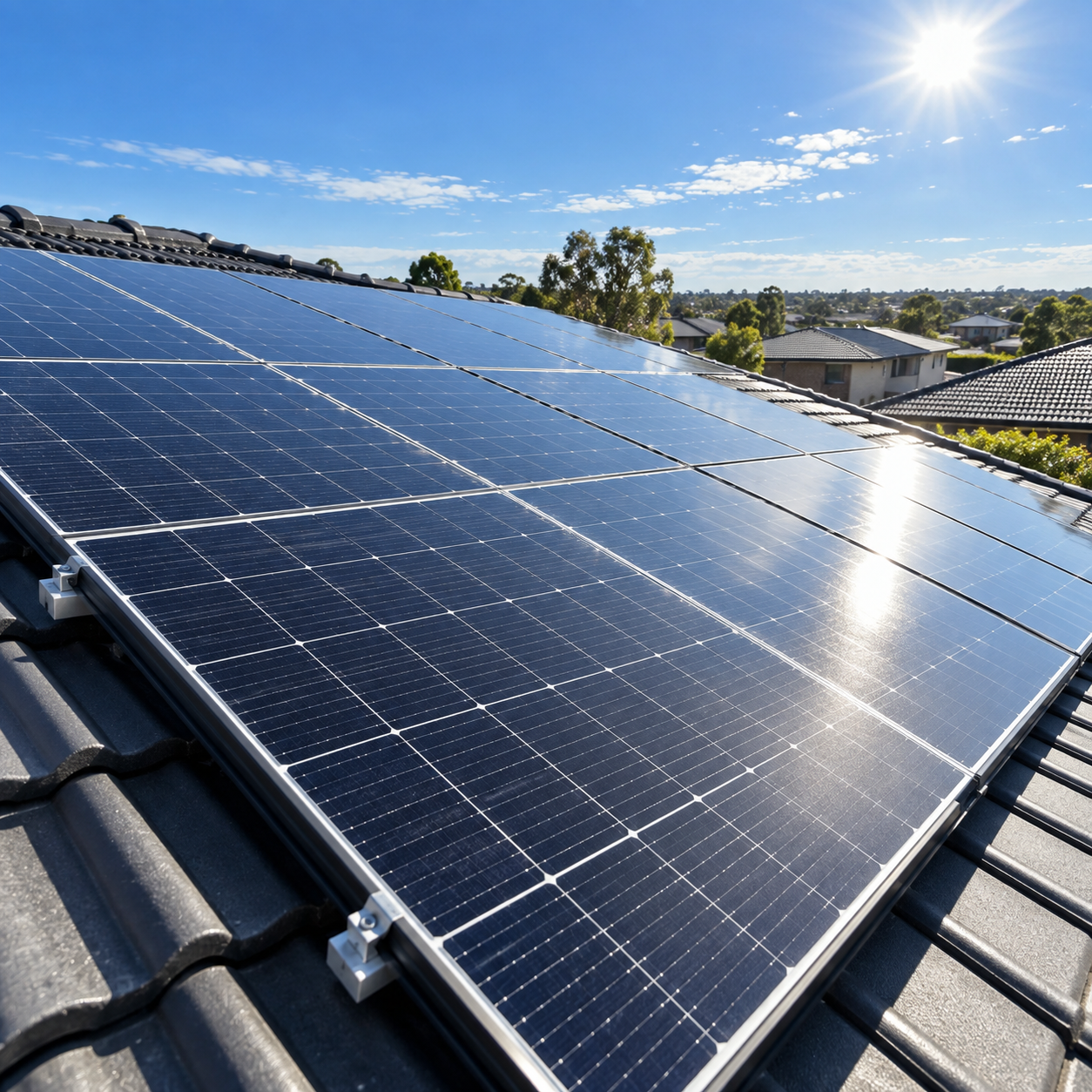 Rooftop solar panels on a tiled roof under bright sun